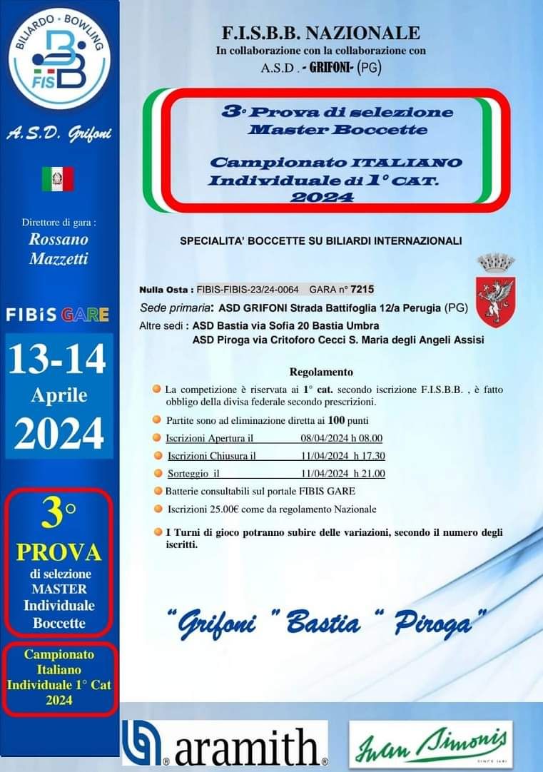 Manifesto Campionato italiano Boccette  e Terza gara nazionale di selezione