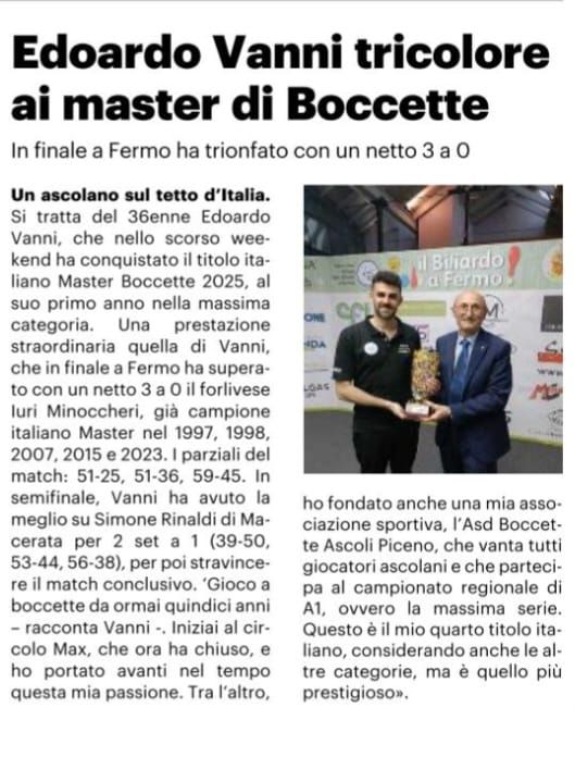Il giornale di Ascoli celebra il campione Edardo Vanni